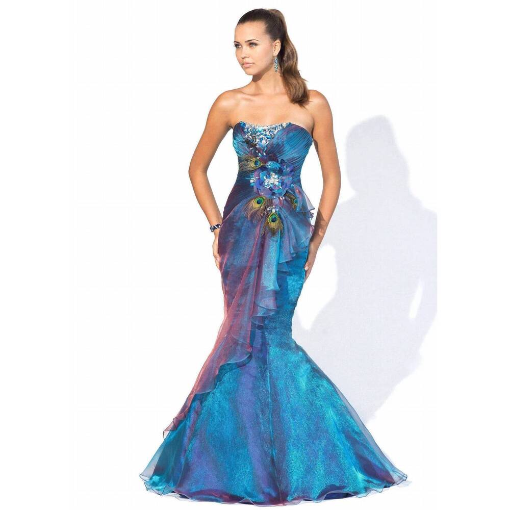 NEW BLUSH PROM iridescent mermaid dress with feathers and stones in royal
